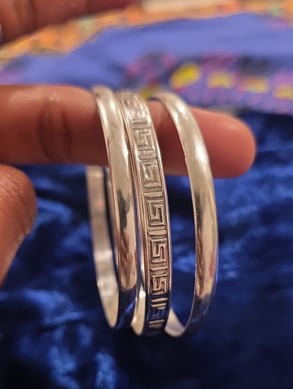 Classic 925 Sterling Silver Bangle Set. Elegant Greek Key Accent. Ladies Size 8